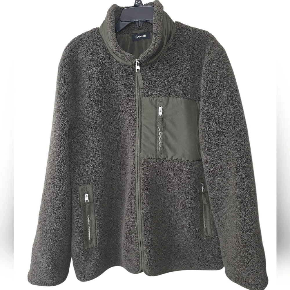 Naadam Mens Fleece Sherpa Zip Up Jacket Dark Olive Green XL NWOT